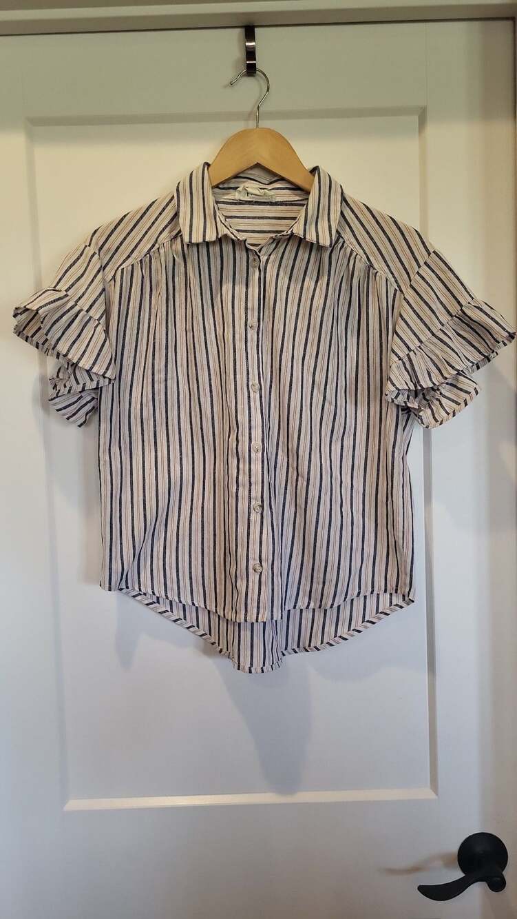 Cottagecore Loveriche Striped Ruffle Flutter Sleeve Button-Down Blouse, S